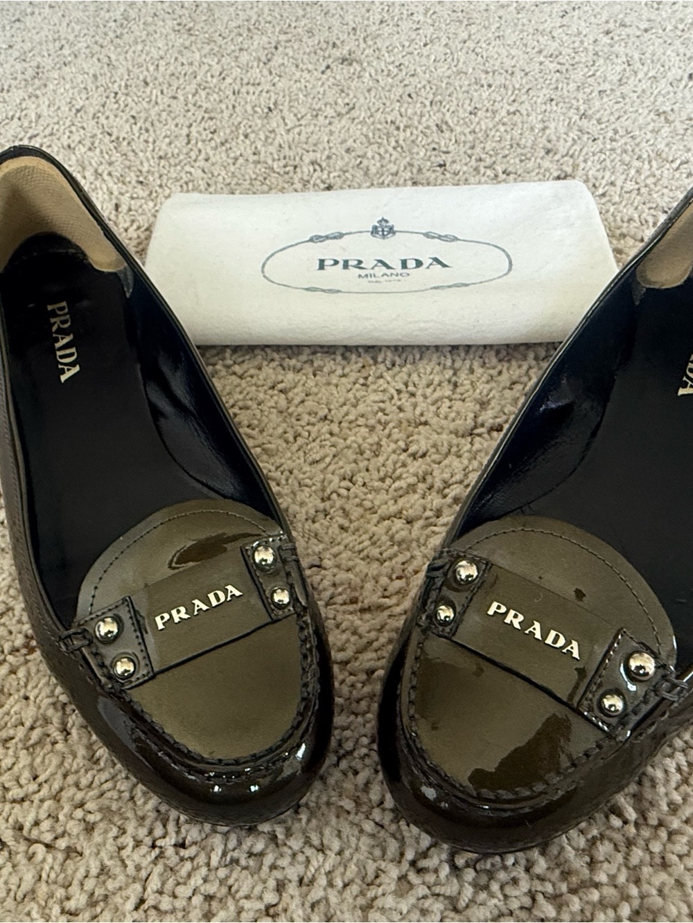Prada Olive Green Patent Leather Logo Loafers